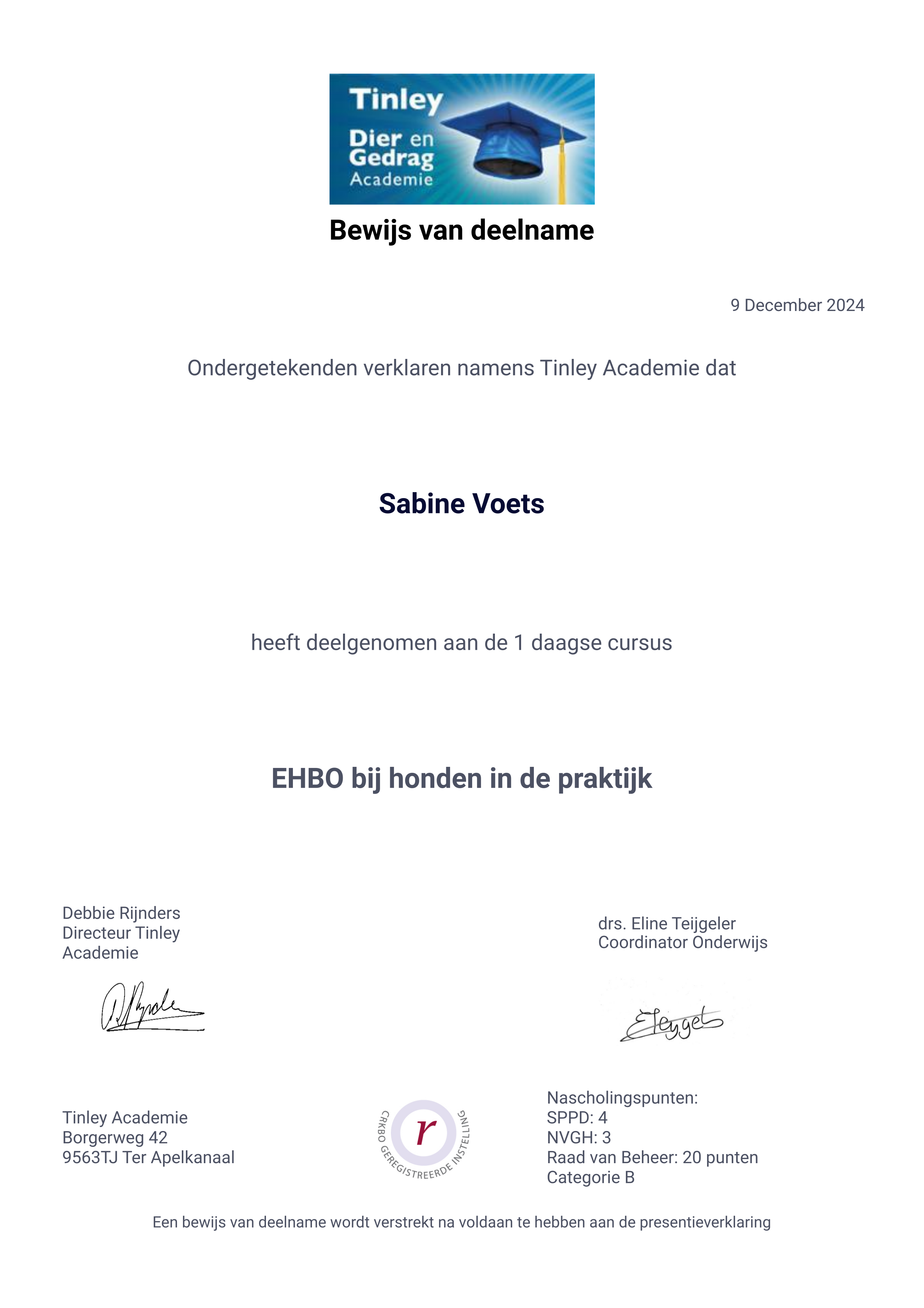 Bewijs van deelname EHBO hond