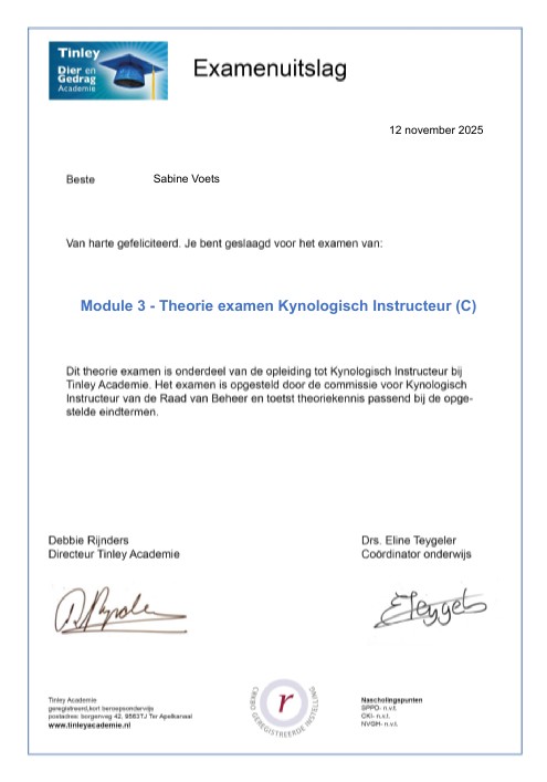 Certificaat module 3 Kynologisch instructeur